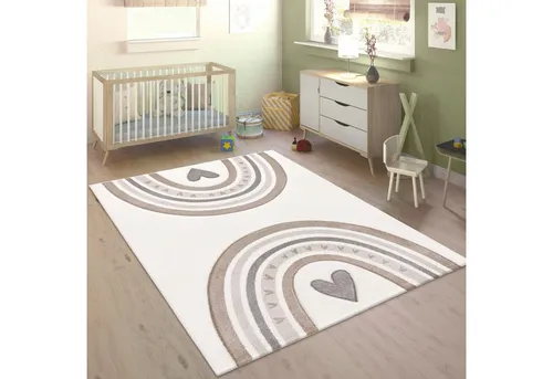 Paco Home Kinderteppich mit 3D Effekt - Modernes Design für Jungen und Mädchen - Teppich fürs Kinderzimmer in Pastellfarben mit Regenbogen- und Herzmotiven, maschinell gewebt aus 100% Polypropylen, ideal für ein gemütliches Kinderzimmer.