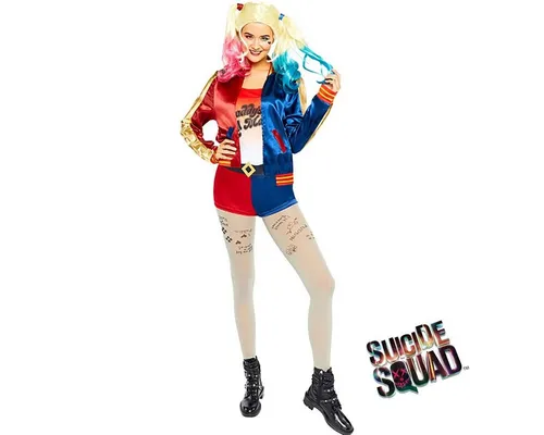 Harley Quinn Fancy Dress Costume - Ladies Suicide Squad - Offiziell lizenziertes Kostüm von Warner Bros, ideal für Mottopartys oder Halloween. Inklusive Jacke, Shorts, Gürtel und Strumpfhosen für den perfekten Superhelden-Look.
