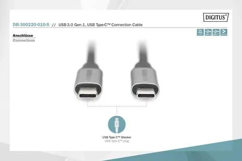 Digitus USB-Kabel USB 3.2 Gen1 USB-C, USB-C Stecker 1.00m Schwarz Flexibel, Geschirmt, mit USB DB-300220-010-S