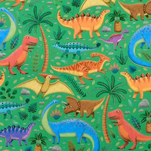 Geschenkpapier für Kindergeburtstag Geburtstag 70cm x 2m Rolle (Grün/Bunt mit Dinosaurier Motiv)