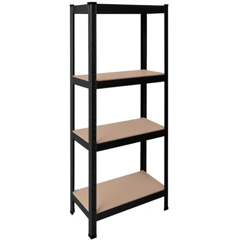 OcioDual Schwerlastregal Schwarz Tiny, Haushaltsregal, Kellerregal, Standregal, Metallregal, 150x60x30cm, Regal Keller, Regale für Kellerraum, Küchen Organizer Regal, 240kg, 4 MDF-Regale