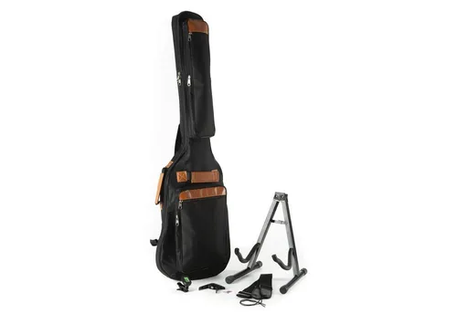 MUSIC STORE Bass Guitar Accessories Pack 1 – E-Bass Zubehörset - Umfangreiches Set für E-Bass: Gigbag mit Rucksackgarnitur, Clip-On Stimmgerät, drei Plektren, zusammenklappbarer Bassständer und verstellbarer Nylongurt. Ideal für Transport und Pflege Ihres Instruments.