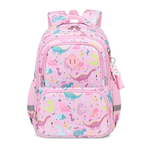 FANDARE Kinderrucksack Jungen Mädchen Dinosaurier Kinder Rucksack lässig Kinderrucksack Schulranzen mit reflektierenden Streifen Daypacks Schulrucksack Büchertaschen Tagesrucksack rosa