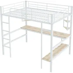 Metallbett Hochbett mit Schreibtisch und Regalen - Platzsparendes Hochbett aus stabilem Metall mit integriertem Schreibtisch und Regalen für Kinder und Jugendliche. Ideal zum Lernen und Spielen, sorgt für Ordnung im Raum.