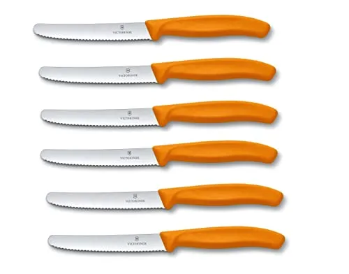Victorinox Tafelmesser 6 Stück - Tomatenmesser mit Wellenschliff, Orange - Tafelmesser aus rostfreiem Stahl mit extra scharfen Klingen und modernen Kunststoffgriffen. Ideal für den täglichen Gebrauch, spülmaschinengeeignet und mit Schweizer Qualität.