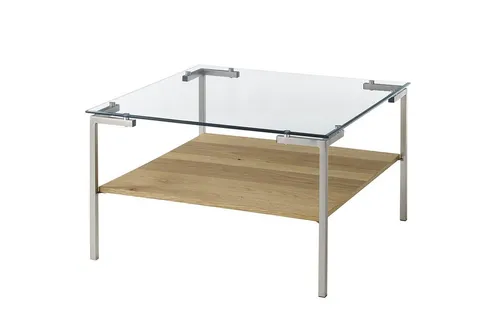 Eleganter Couchtisch aus Edelstahl und Eiche mit Glasplatte