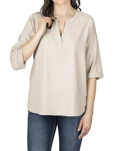 DENIMFY Leinenbluse Damen Sommer leicht Regular Fit DFSara Leinen Bluse 3/4 Arm V-Ausschnitt Blusenshirt Oberteile Einfarbig Beige L, Größe:L, Farben:Light Sand