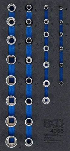 BGS 4056 Werkstattwageneinlage | 29-tlg. Steckschlüssel-Einsätze Zwölfkant - Steckschlüsseleinsätze aus robustem Chrom-Vanadium-Stahl, verchromt und matt. Ideal für professionelle Werkstätten und Heimwerker. Umfassende Auswahl an Größen für vielseitige Anwendungen.