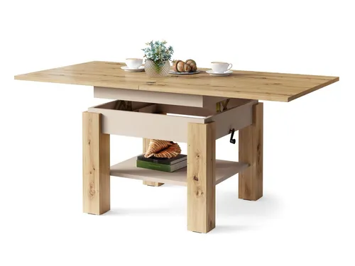 designimpex Cleo aufklappbarer Couchtisch 75/150 cm in Eiche Artisan/Beige Matt