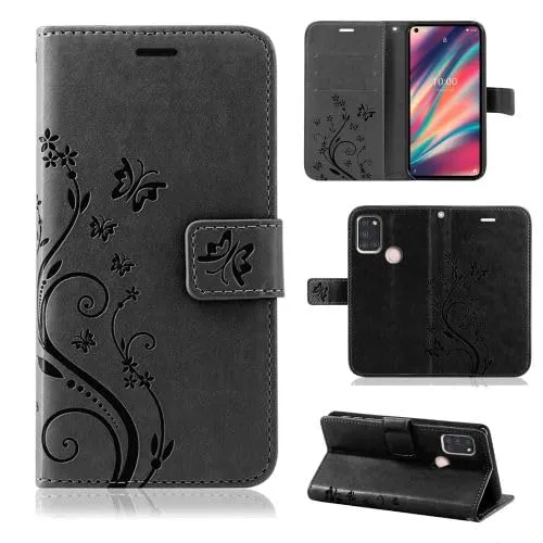 betterfon Hülle Kompatibel mit Wiko View 5 / View 5 Plus | Premium PU Leder Handyhülle Wallet Case für View 5 / View 5 Plus | Schutzhülle Blumen Klapphülle Handyhülle | Schwarz