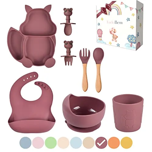 TudoBem Baby Geschirrset [8 Teile] – Kindergeschirr aus Silikon – Teller mit Saugnapf, Schüssel, Löffel, Gabel, Trinkbecher, Lätzchen – Perfekt für BLW und Beikost