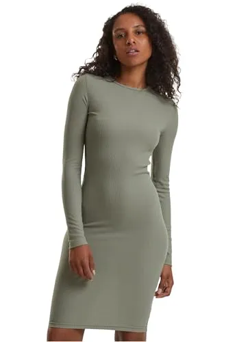 Urban Classics Damen Kleid Ladies Rib Dress, figurbetontes, hochgeschlossenes Rippenkleid, Langarm Kleid, Größen XS - XL