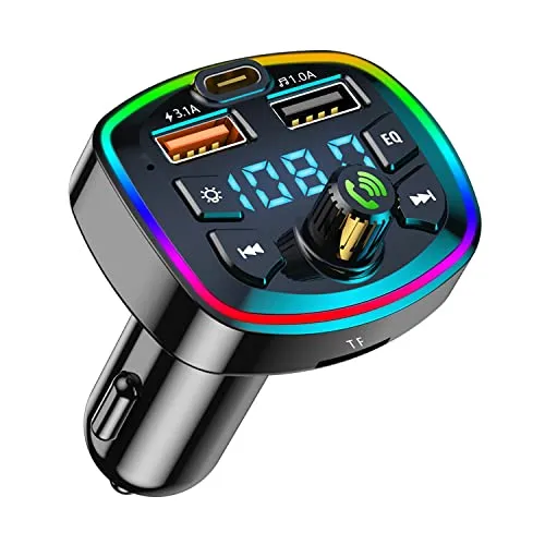 FM-Transmitter Bluetooth 5.0 für Auto mit Schnellladung 2 USB-Ports und Type-C + 7 Farben LED, Audio-Anruf-Player und Freisprecheinrichtung (QC3.0+PD 20W)