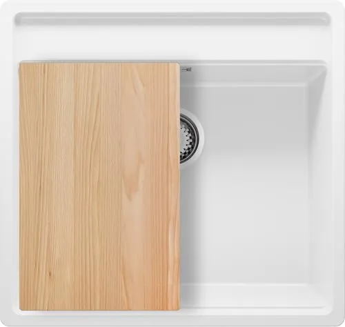 PRIMAGRAN Unterbauspüle Bergen S105, Granit Weiß 56x53cm - 1 Becken Spülbecken mit XXL-Becken, kratzfest und ideal für Unterschränke ab 60 cm, inklusive Ablauf-Set und Schneidebrett für eine multifunktionale Arbeitsstation.