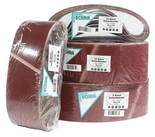 Eckra Schleifscheibe Set 35 Schleifbänder 100x610mm - Praktisches Sortiment mit 35 Schleifbändern für Bandschleifer. Ideal zur Bearbeitung von Holz und Metall. Hohe Standzeit dank korund-Korn und kunstharzgebundener Qualität.