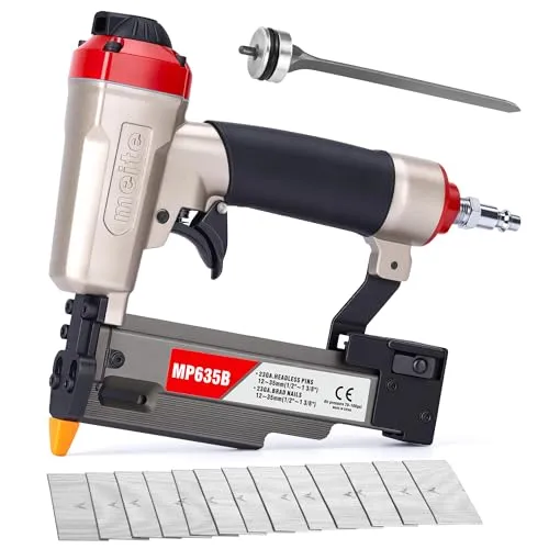 meite MP635B Druckluft Stiftnagler mit 10000 Stück 23 Ga 25 mm Kopflose Stifte, Kompakte für 12–35 mm Länge, Druckluft-Nagelpistole Kompakte für Zierleisten, Bilderrahmen und Feine Holzarbeiten