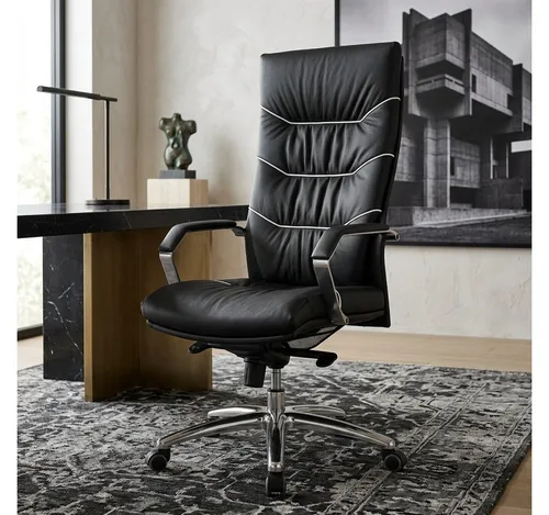 KADIMA DESIGN Bürostuhl Bürostuhl Echt-Leder schwarz Schreibtischstuhl (Chefsessel mit Kopfstütze & Multiblockmechanik), Design Drehstuhl verstellbar & hohe Rückenlehne