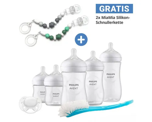 Philips AVENT Babyflasche Neugeborenen-Starter-Set Natural, 7 tlg. Set 5 Baby Flaschen, Schnuller, Flaschenbürste & Schnullerkette