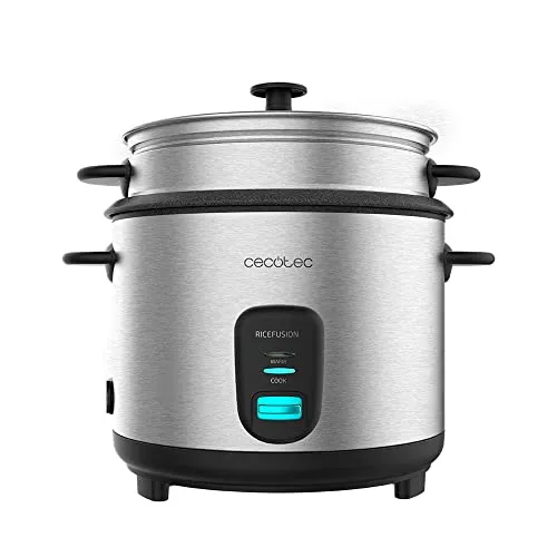Cecotec Reiskocher RiceFusion 7000 Inox - Reiskocher mit 700 W und 1,8 Liter Kapazität, ideal für bis zu 10 Portionen, aus Edelstahl mit Glasdeckel, perfekt für große Familien und vielseitige Gerichte.