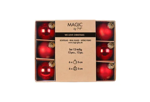 MAGIC by Inge Weihnachtsbaumkugel, Weihnachtskugeln Glas 5cm Schneeflocken Motiv 12er Set Merry Red