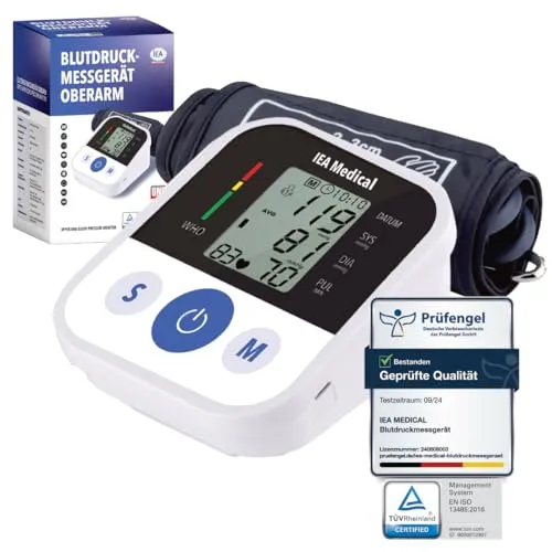 IEA Medical Blutdruckmessgerät Oberarm - Digitale Oberarm-Blutdruckmessgeräte mit hoher Messgenauigkeit, TÜV zertifiziert und ideal für die präzise Gesundheitsüberwachung. Speichert bis zu 99 Messungen für 2 Personen.
