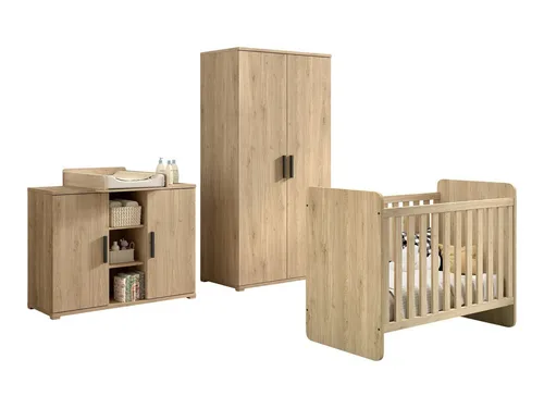 aufm Kessel Babyzimmer-Komplettset Keelia Eiche 4-teilig - Vielseitiges Babyzimmer-Set mit Babybett, Wickelkommode und Kleiderschrank in modernem Eiche-Dekor. Ideal für eine sichere und praktische Einrichtung. Mitwachsend und pflegeleicht!