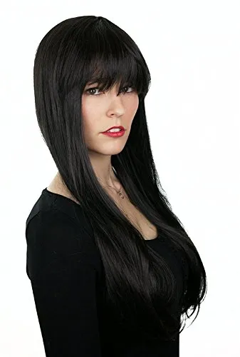 Prettyland Damen lange Perücke Pony Glatt 75cm lange Haare Schwarz black wig C864