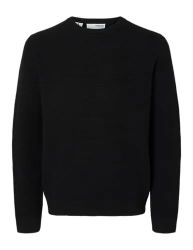 SELETED HOMME Herren Strickpullover SLHROSS LS Knit Structure Crew Neck, Schwarz, Größe S - Eleganter Strickpullover für Herren mit rundem Halsausschnitt und langen Ärmeln, ideal für stilvolle Freizeitlooks.
