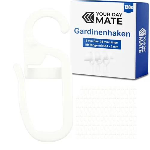 Vorhanghaken für Gardinen Ringe, 120 Stück, mit Ø 6 mm Öse, für Gardinenringe mit 4 bis 6 mm, in Weiß, Gardinenringe Haken zum Einhängen, Faltenlegehaken für Vorhangringe, Vorhang Haken Clip Set