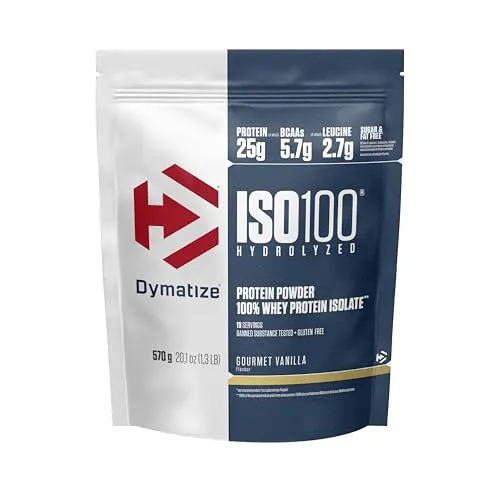 Dymatize ISO 100 Hydrolyzed Gourmet Vanilla 570g - Premium Whey Protein - Whey Protein Hydrolysat mit 25g hochwertigem Eiweiß pro Portion, glutenfrei und ideal für Sportler, die auf Kalorien achten. Perfekte Wahl vor und nach dem Training.