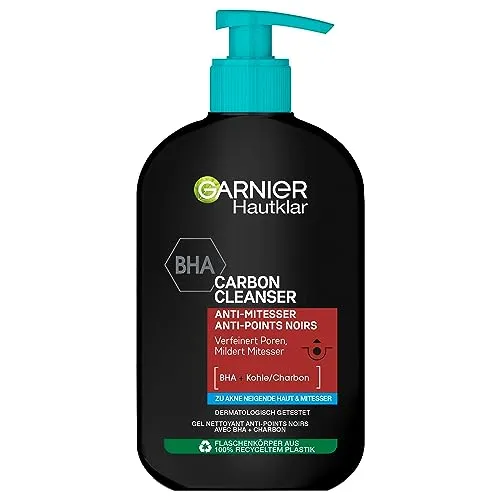 Garnier Hautklar Waschgel, BHA Carbon Cleanser mit Kohle, Anti-Mitesser & Anti-Pickel Waschgel und Gesichtsreiniger, 250 ml