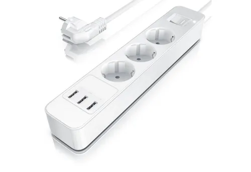 BEARWARE Steckdosenleiste 3-fach (Ein- / Ausschalter, USB-Anschlüsse, Schutzkontaktstecker, Kindersicherung, Überspannungsschutz, Kabellänge 1,50 m), Steckdosenleiste