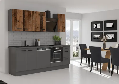 Küche NESSA + OLD STYLE 240 cm - Edle Küchenzeile im Old Wood Design - Küchenzeile in 240 cm, kombiniert modernes Old Wood Design mit Anthrazit matt für optimalen Stauraum und ein hervorragendes Preis-Leistungs-Verhältnis.