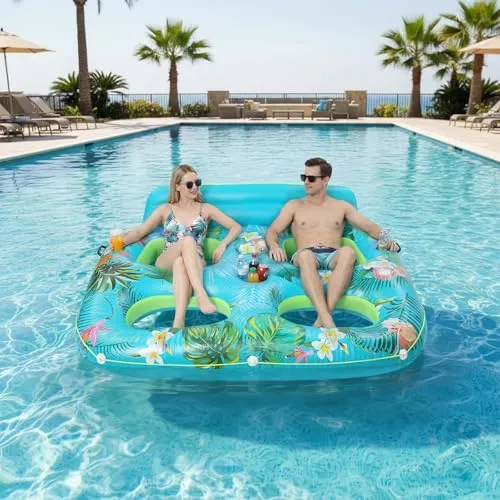 Aufblasbarer Liegestuhl für Zwei Personen, Pool-Schwimmhilfe mit Getränkehalter & Rückenlehne, große luftmatratze für den Sommer im Pool oder als Badeinsel für Erwachsene, 205 * 168 * 60 cm