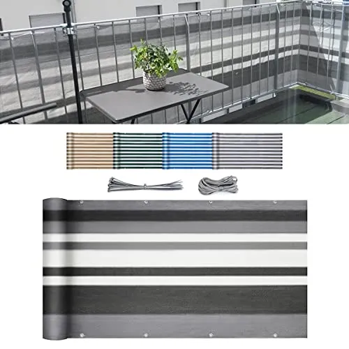 Sekey Balkon Sichtschutz Balkonabdeckung HDPE 220 g/m², 75x300cm, Leicht Transparent Wind- und UV-Schutz Wetterfest, mit Ösen, Nylon Kabelbinder und Kordel, Graue Gestreift