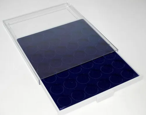 Prophila Münzbox grau 42 runde Fächer für 2-Euro-Münzen in Kapseln blaue Einlage