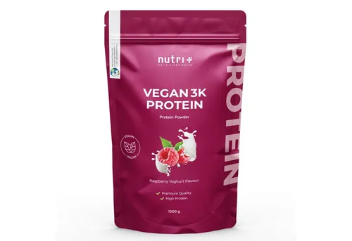 nutri+ Protein Pulver Vegan 3K Poeder - Pflanzliches Mehrkomponentenprotein mit über 80 % Eiweiß, ideal für Muskelaufbau und Definitionsphase. Frei von Laktose und Milcheiweiß, ohne Aspartam und künstliche Zusätze.