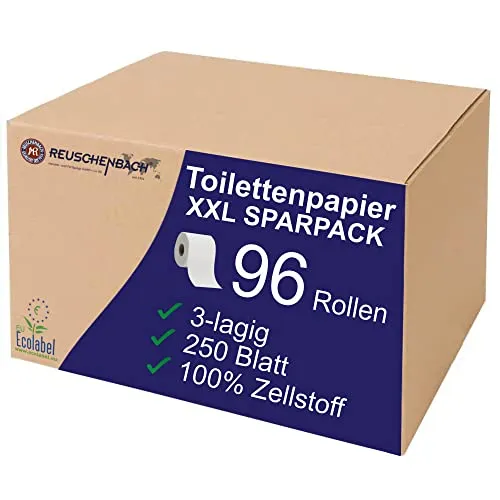 Reuschenbach Toilettenpapier Sparpack XXL, 96 Rollen, WC-Papier 3-lagig, 250 Blatt je Rolle, Klopapier aus Zellstoff