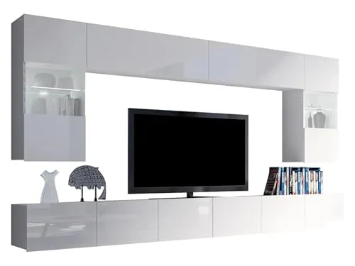Moderne Wohnwand Calabrini I - Wohnwand mit eleganter weißer Hochglanzfront und optionaler LED-Beleuchtung, ideal für ein modernes Wohnzimmer.