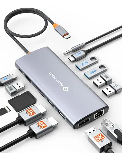 NOVOO 14-in-1 Docking Station für Dual Monitor - Vielseitige 14-in-1 USB-C Dockingstation für MacBook, HP und Dell. Unterstützt 8K Ultra HD, schnelle Datenübertragung und 100 W PD-Laden. Perfekt für Multitasking und effizientes Arbeiten.