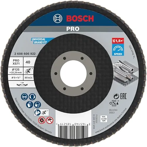 Bosch 1x PRO Metal X571 Fächerschleifscheibe, abgewinkelte Ausführung, Fiber, für kleine Winkelschleifer (für Stahl, Edelstahl, Ø 125 mm, Körnung 40, Professional Zubehör Kleiner Winkelschleifer)