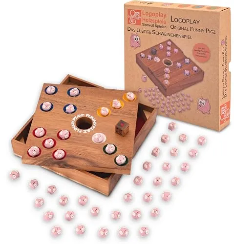 Logoplay Holzspiele Spielesammlung: Original Funny Pigz - Spielesammlung für 2–6 Spieler, nachhaltiges Holzspiel mit lustigem Schweinchen-Würfelspiel für fröhliche Spieleabende und strategischen Spaß.