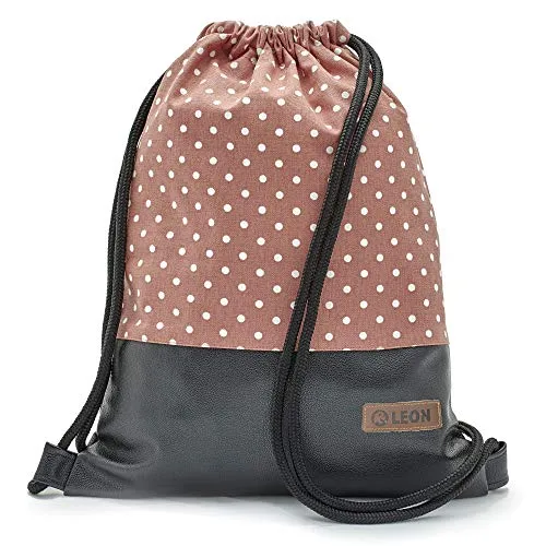 By Bers Leon großer Premium Turnbeutel mit Innentaschen Rucksack Tasche Damen Herren Teenager Gym Bag Draw String 45x34cm für Sport Reise Alltag Einkauf (Dots_ziegelweiß_SchwarzPU)