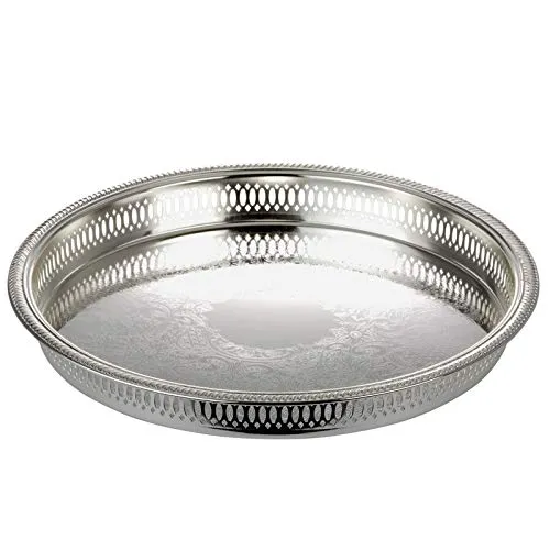 großes Silbertablett Ø 34 cm - rundes Dekotablett mit hohem Rand - XL Deko Serviertablett für Frühstück, Snacks, Gläser, Speisen oder Getränke - ohne Griffe