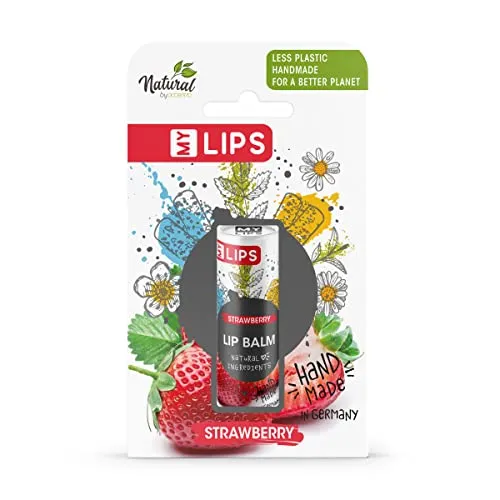 Handgefertigter Lippenbalsam MY LIPS in Papierhülse inkl. Geschenkbox, Natural by accentra, Natürliche Inhaltsstoffe mit Mandelöl, ohne Plastik, Duftrichtung Erdbeere