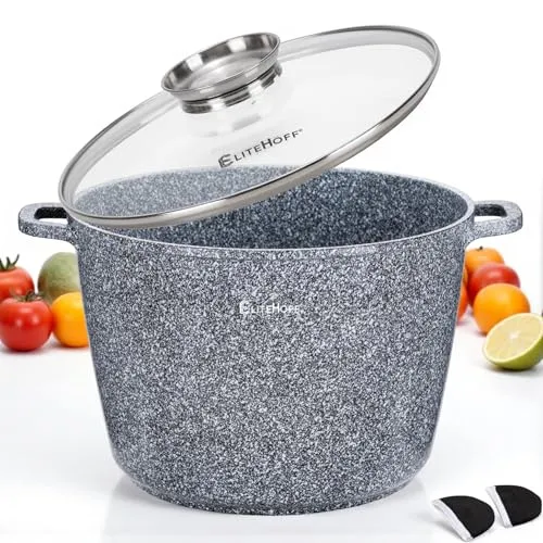 EliteHoff Kochtopf, Suppentopf aus Aluminiumguss mit Antihaftbeschichtung, Induktionstopf mit Glasdeckel, Für alle Herdarten inkl. Induktion, Gas, Elektro, Halogen, Keramik (Grau, 15L Ø 32 cm)