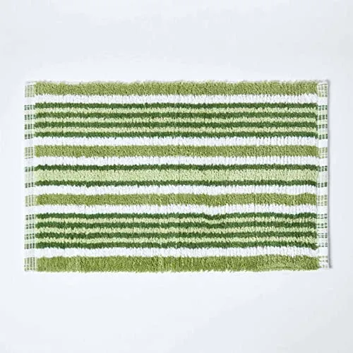 Homescapes waschbare Badematte, handgewebt aus 100% Baumwolle, 40 x 60 cm, Duschvorleger, grün-weiß gestreift