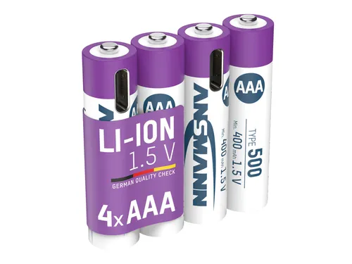 ANSMANN Li-Ion Akku AAA mit USB-C Anschluss - 4 Stück, 400mAh, 1,5V, hohe Lebensdauer und einfache Ladeoption für anspruchsvolle Geräte