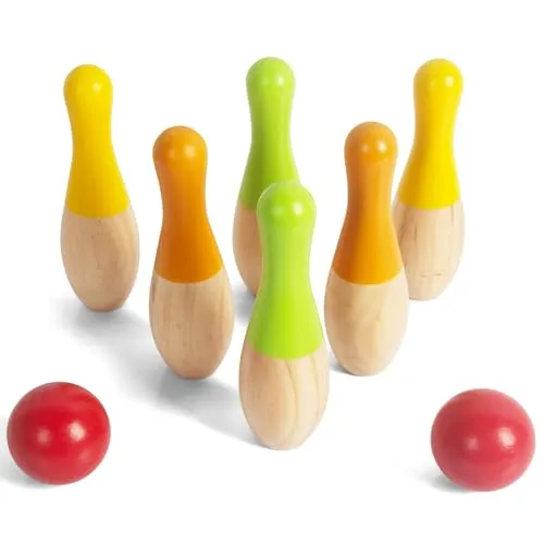 WOODENFUN Kinder Bowling Spiel Set aus Holz mit 6 Kegel und 2 Bälle Indoor und Outdoor Kinderspiele Kegelspiel 3-Jahre alt Holz Spielzeug
