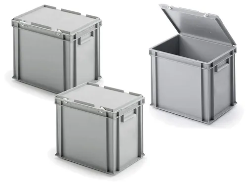 Eurobehälter mit Deckel 400x300x330 mm, grau - Lagerbehälter aus lebensmittelechtem PP, ideal für sichere Aufbewahrung von Lebensmitteln und anderen Produkten.